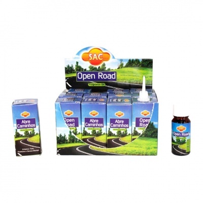 Frascos de óleo perfumado SAC Open Road e Abre Caminhos em embalagens de cartão azul