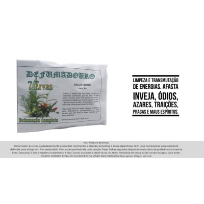 Pacote branco de Defumador 7 Ervas com texto verde e preto