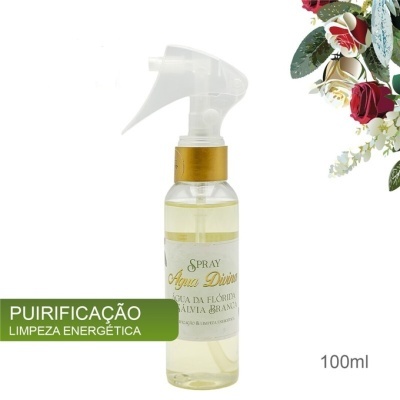 Frasco spray Água Divina com rótulo branco e dourado, fundo branco com flores