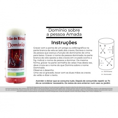Pacote cilíndrico de velas Vermelho e branco com instruções e diagrama para rituais de domínio sobre pessoa amada