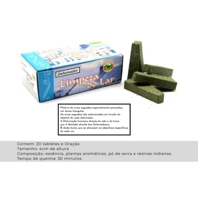 Caixa azul e branca de defumador Limpeza do Lar com 20 tabletes verdes ao lado
