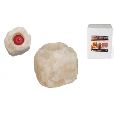 Suporte para vela em sal do Himalaia com vela vermelha e embalagem branca