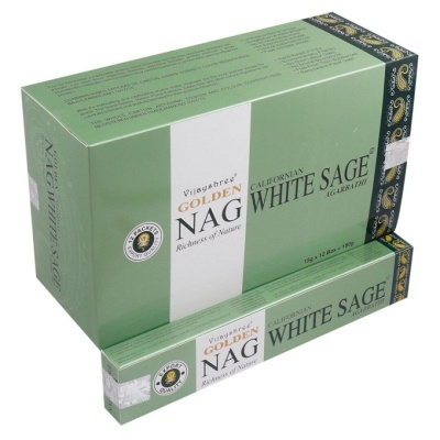 Caixa e embalagem de incenso Vijayshree Golden Nag White Sage verde e branca