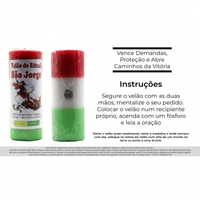 Dois velões São Jorge vermelho, branco e verde com instruções de uso em português.