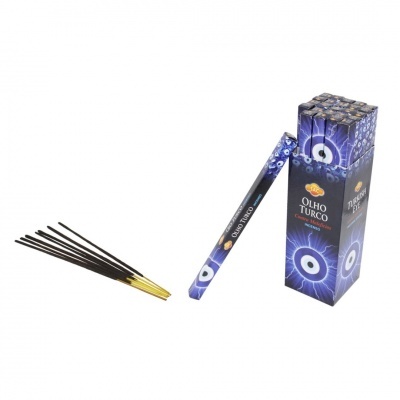 Caixa e pacote de incensos Olho Turco com bastões pretos e embalagem azul