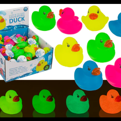 Patinhos de borracha fluorescentes e caixa expositora com texto GLOW IN THE DARK SQUEAKING DUCK