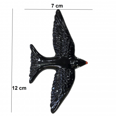 Pássaro decorativo preto, 12 cm x 7 cm, com bico laranja em fundo branco