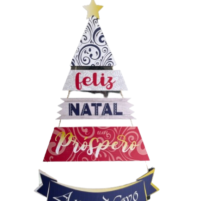 Enfeite pendurado de árvore de Natal com textos festivos em diversas cores