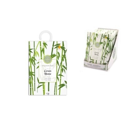 Caixa de teabags decorada com bambus verdes e texto Green Home