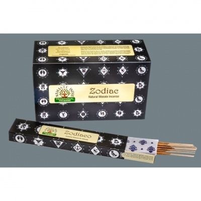 Caixa e pacote de incenso Zodiac Natural Masala Incense preto com símbolos branca
