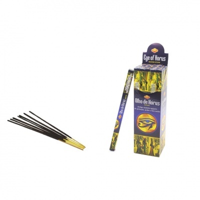 Incenso Eye of Horus com embalagem azul e amarela e incensos pretos com ponta dourada