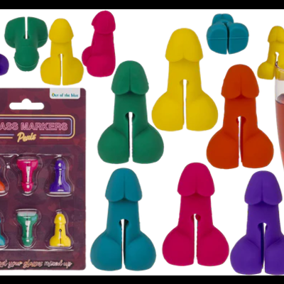 Marcadores de copo coloridos em silicone com forma fálica e embalagem com texto GLASS MARKERS Penis