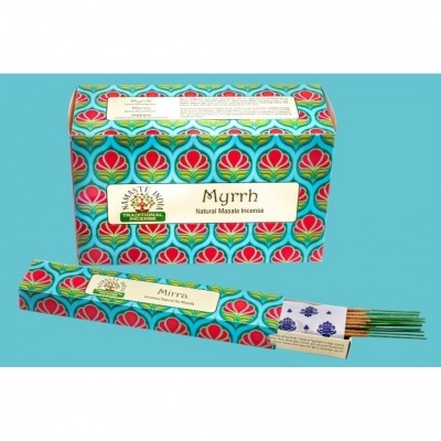 Caixa e embalagem de incenso natural Myrrh colorida com varas de incenso verde