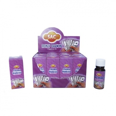 Fragrância SAC Chama Dinheiro embalagem roxa com notas de dólar e caixa de exposição