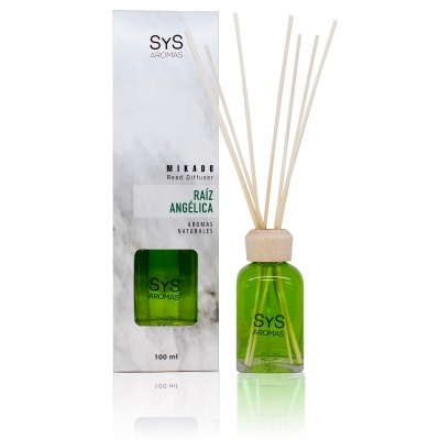 Difusor de aromas Mikado Sys Aromas Raíz Angélica frasco verde com varetas
