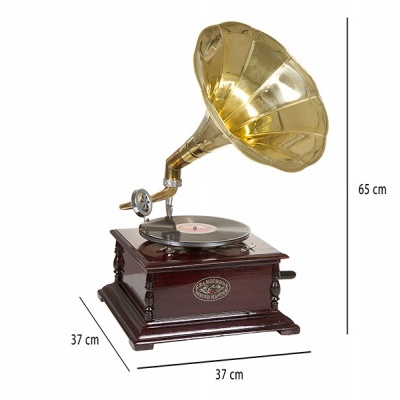 Gira-discos antigo com base em madeira e trombeta dourada