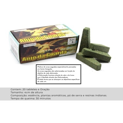 Embalagem e tabletes verdes de resina Anjo da Guarda para defumação