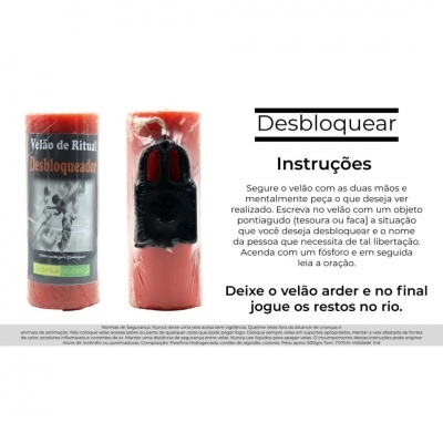 Vela de ritual vermelha com símbolo de mão preta e instruções em português