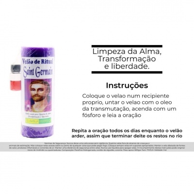 Vela de RituaL Saint Germain roxa com imagem e instruções em português