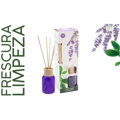 Difusor de aromas com frasco roxo e caixa com design de lavanda