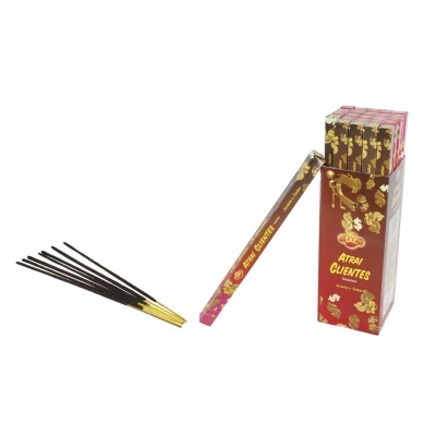 Incensos ATRAI CLIENTES com embalagem vermelha e dourada e varetas pretas
