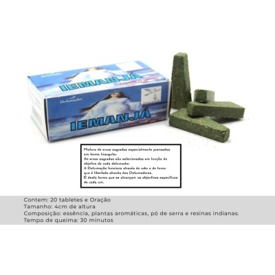 Caixa azul e tabletes verdes do defumador IEMANJA com texto explicativo