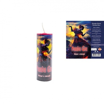 Vela decorativa Pomba Gira com embalagem e ilustração colorida