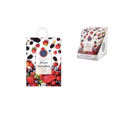 Embalagem de sabonete esfoliante frutos vermelhos com gancho e caixa de exposição.