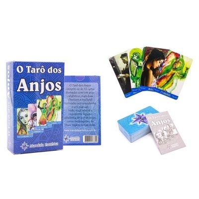 Baralho de cartas O Tarô dos Anjos com caixa azul, cartas coloridas e livreto cinzento