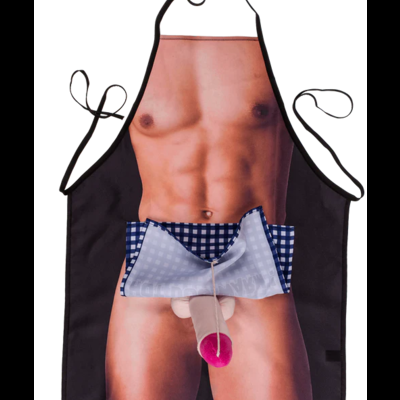 Avental com estampa de corpo masculino nu e cueca xadrez azul e branca