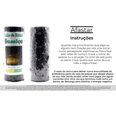 Vela de Ritual Sumiço preta com rótulo branco e verde, instruções em português visíveis ao lado