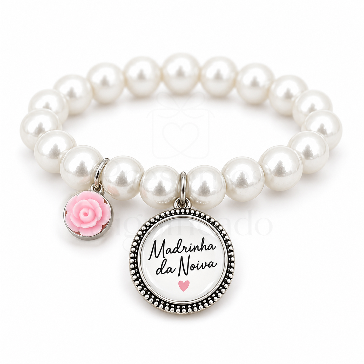 Pulseira de pérolas com medalha personalizada Pulseira de contas peroladas com pendentes e texto Madrinha da Noiva.