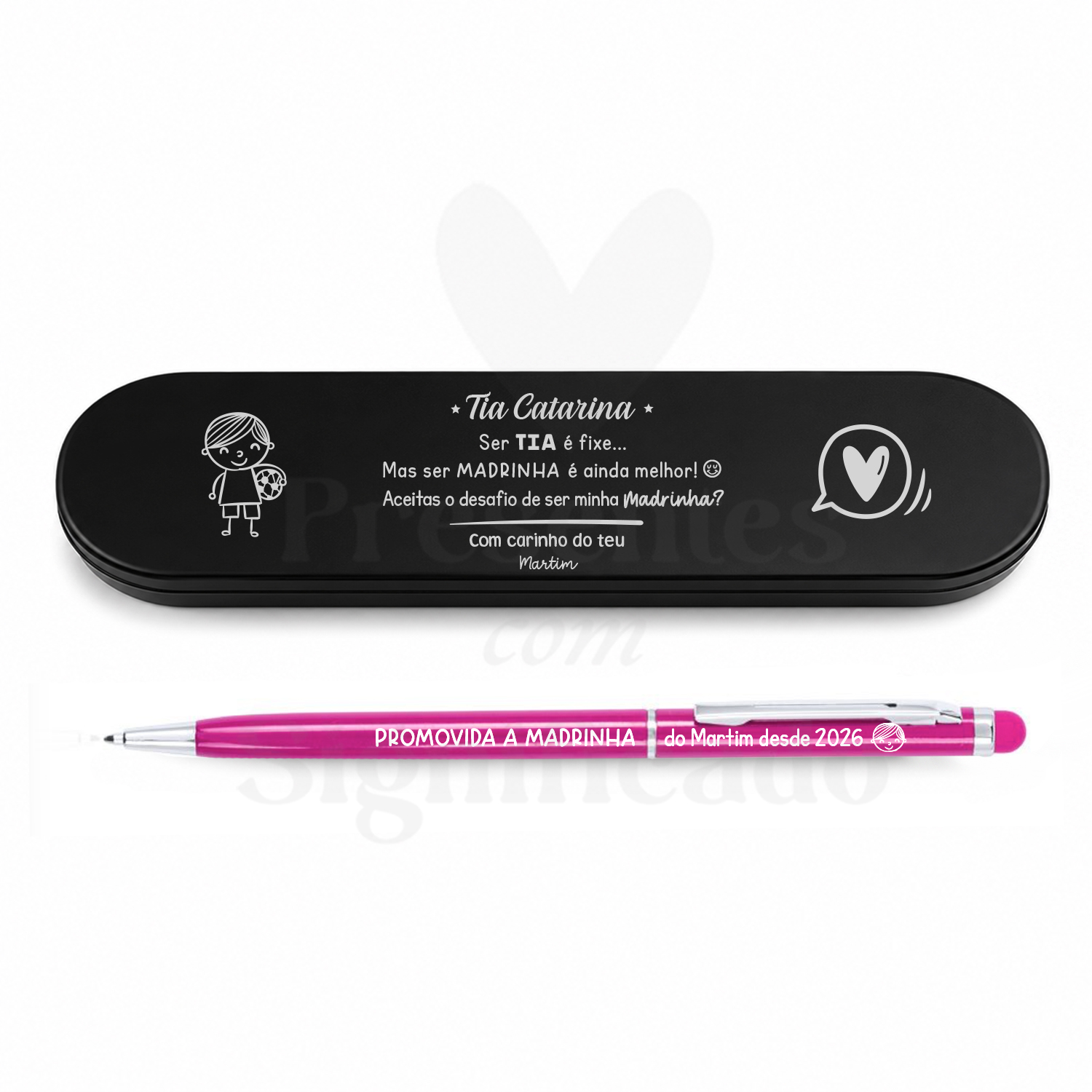 Convite Madrinha (estojo c/ caneta) Estojo preto com texto para tia e caneta rosa com texto branco