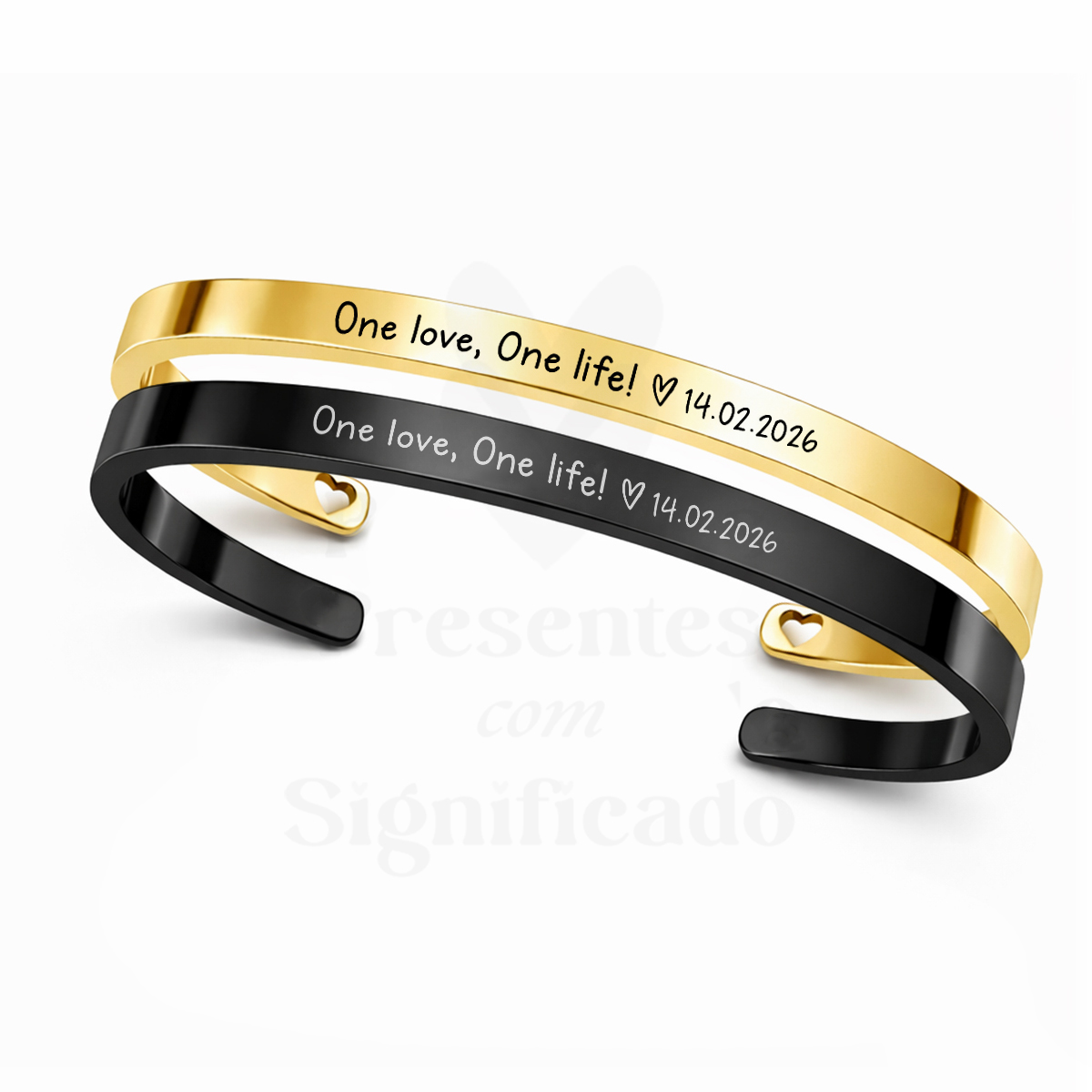 Conjunto de escravas para casal Pulseiras rígidas dourada e preta com gravação romântica e recorte de coração