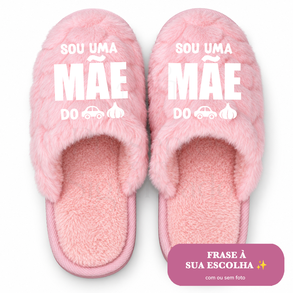 Chinelos de mulher rosa com pelo e corações (sola EVA) Chinelos rosa felpudos com texto e ícones brancos sobre fundo branco