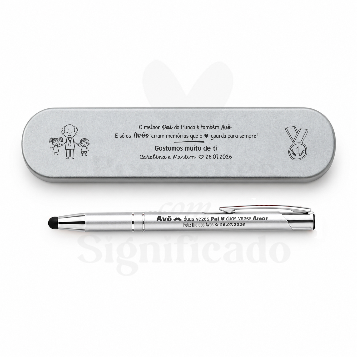 Estojo em latão c/ caneta (prateado) Estojo e caneta metálicos prateados com mensagens e desenhos dedicados a avôs
