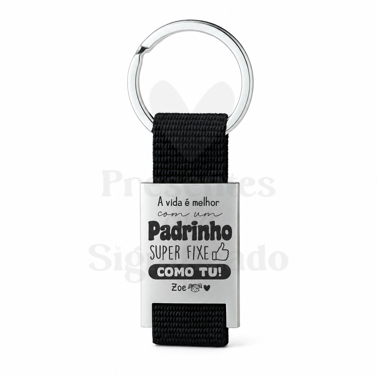 Porta-chaves fita nylon Chaveiro preto com placa metálica prateada gravada com mensagem