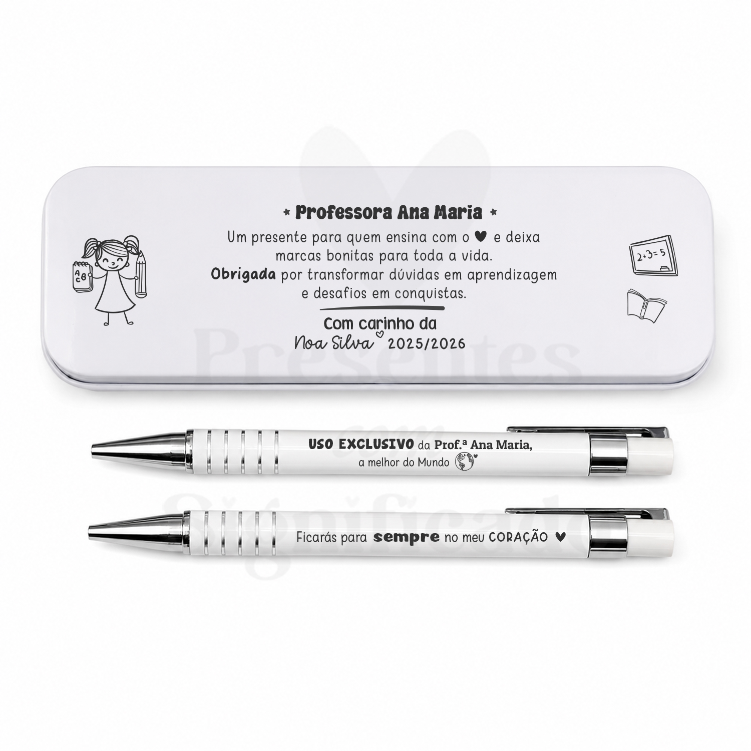 Estojo c/ caneta e lapiseira Estojo metálico branco com texto para professora e duas canetas brancas personalizadas