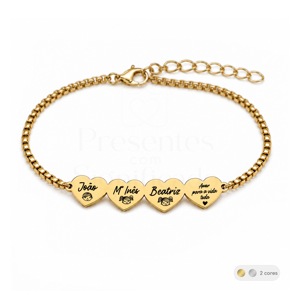 Pulseira aço com 4 mini-corações gravados Pulseira dourada com corações gravados com nomes e desenhos de crianças.