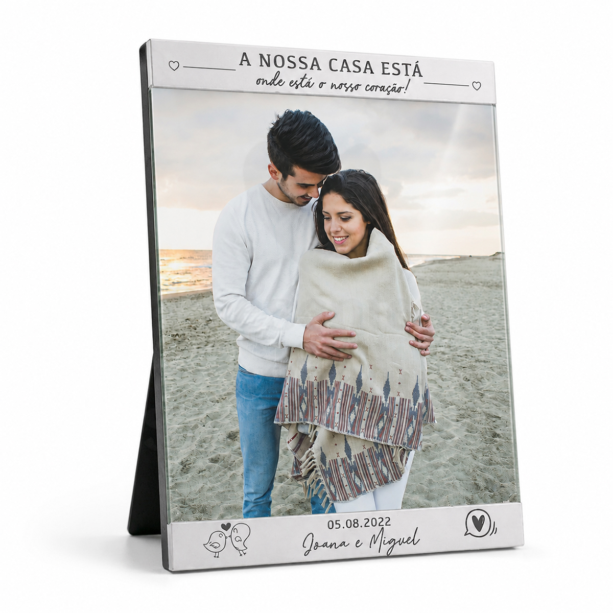 Moldura vertical (3 tamanhos disponíveis) Moldura metálica com foto de casal na praia e mensagem personalizada