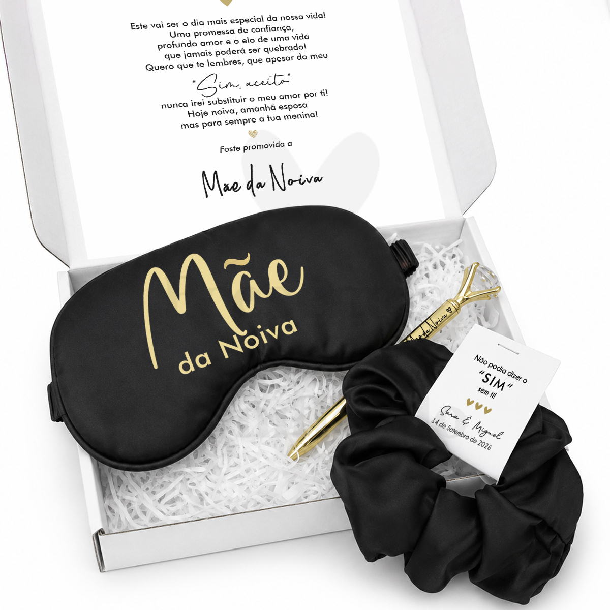 Gift box Feminina (convite) Caixa branca com máscara de dormir preta, caneta dourada e mola de cabelo preta com etiqueta