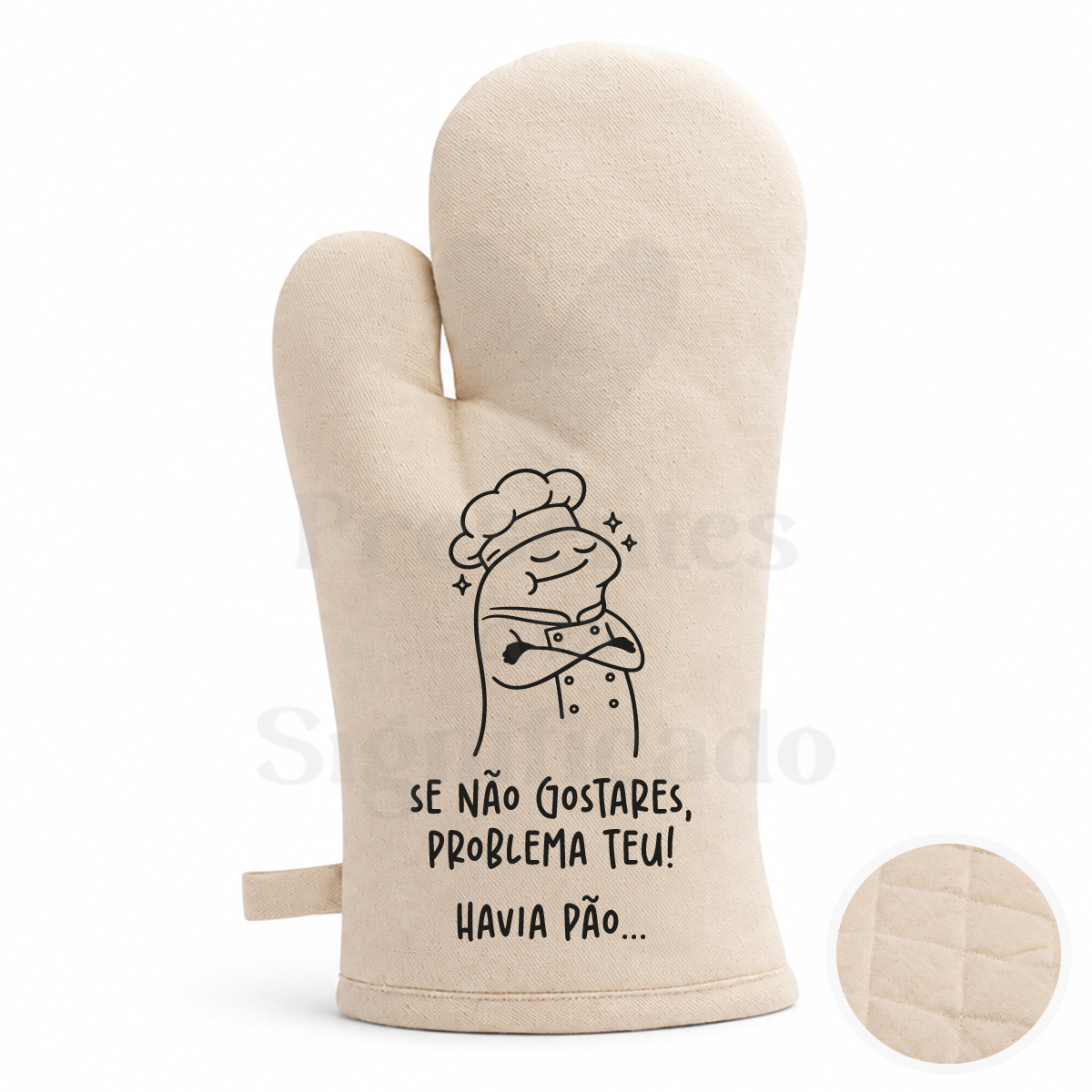Luva de cozinha flork - Se não gostares, problema teu! Havia pão... Luvas de forno em tecido bege com ilustração e texto humorístico em português