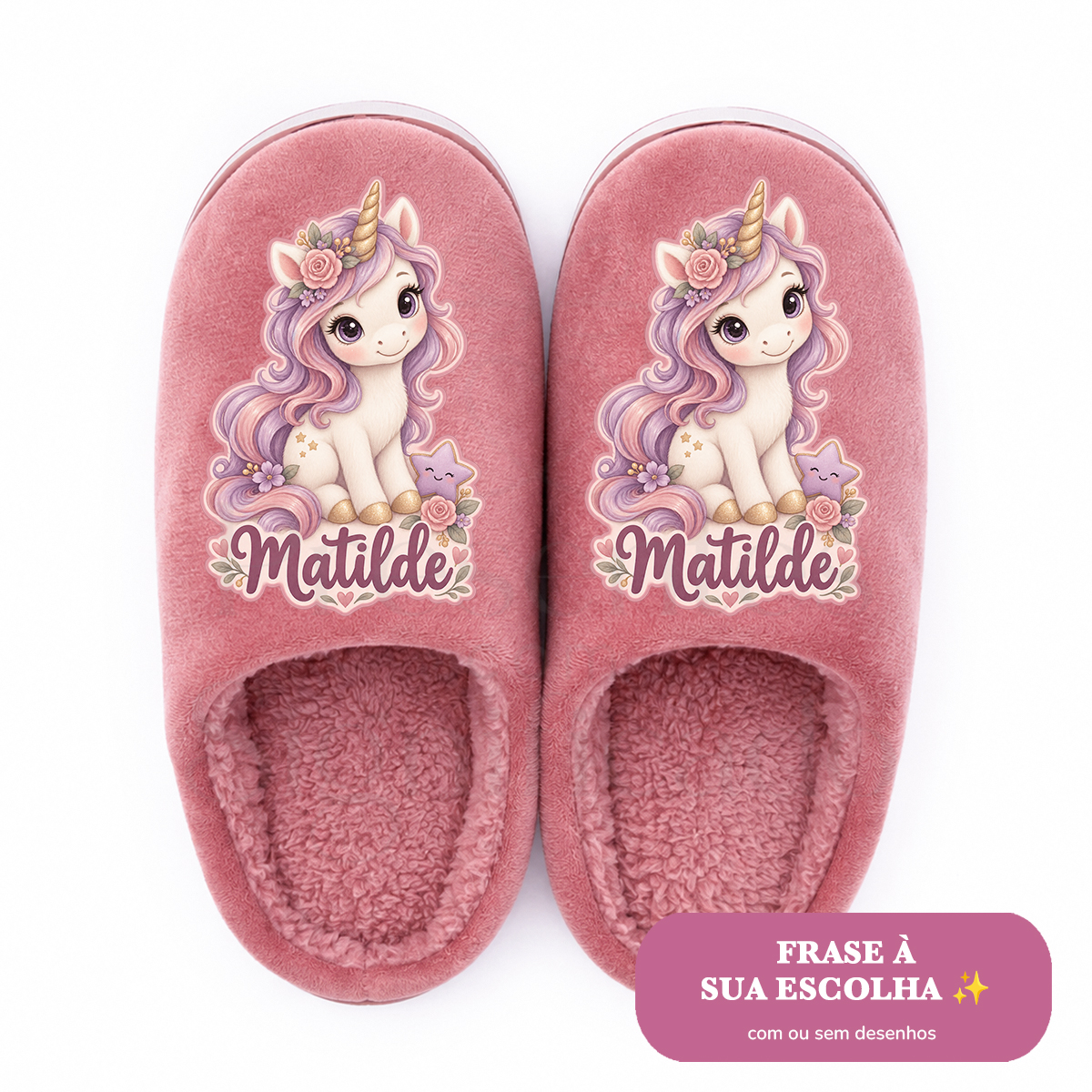Chinelos de criança rosa personalizados Chinelos rosa com desenho de unicórnio e nome Matilde