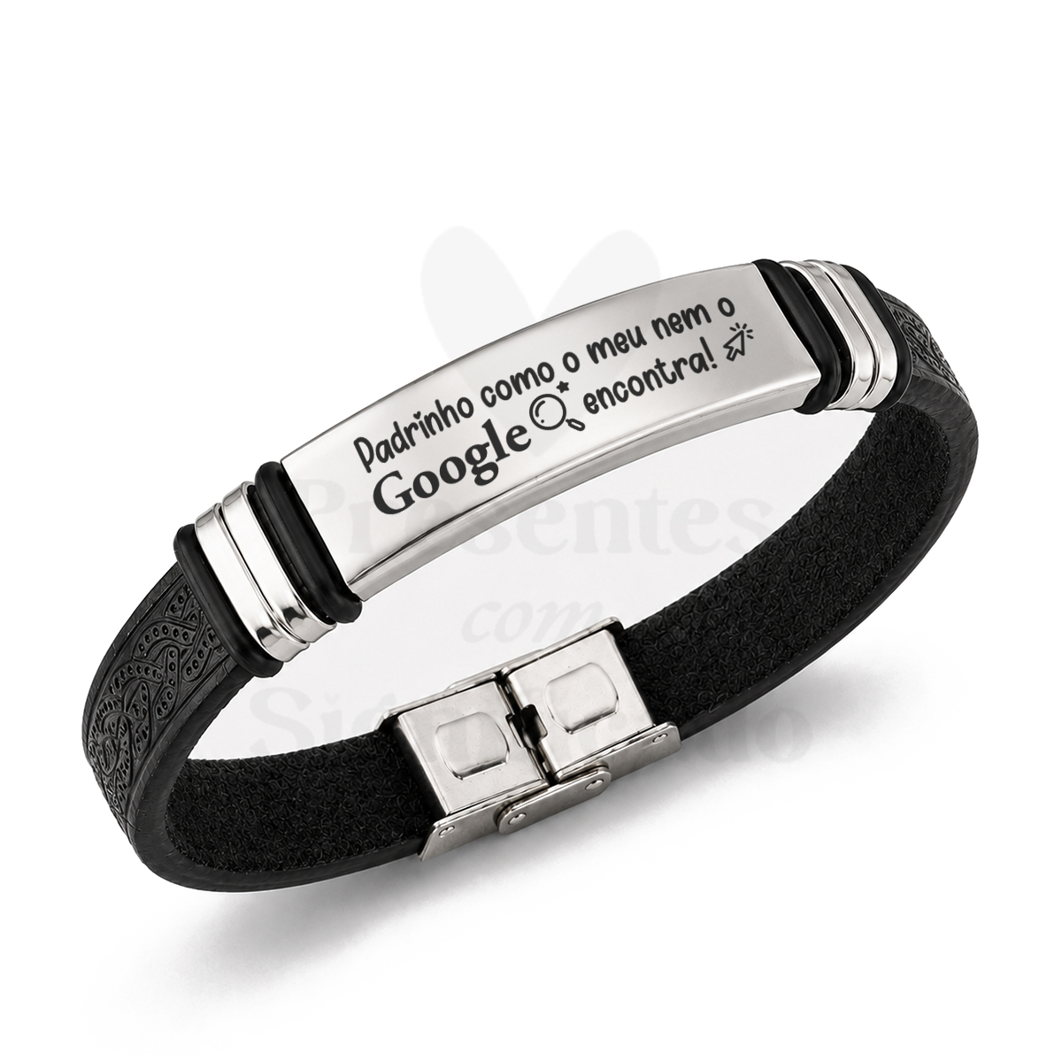 Pulseira masculina em couro e aço (preto) Pulseira preta com placa metálica prateada com texto em português.