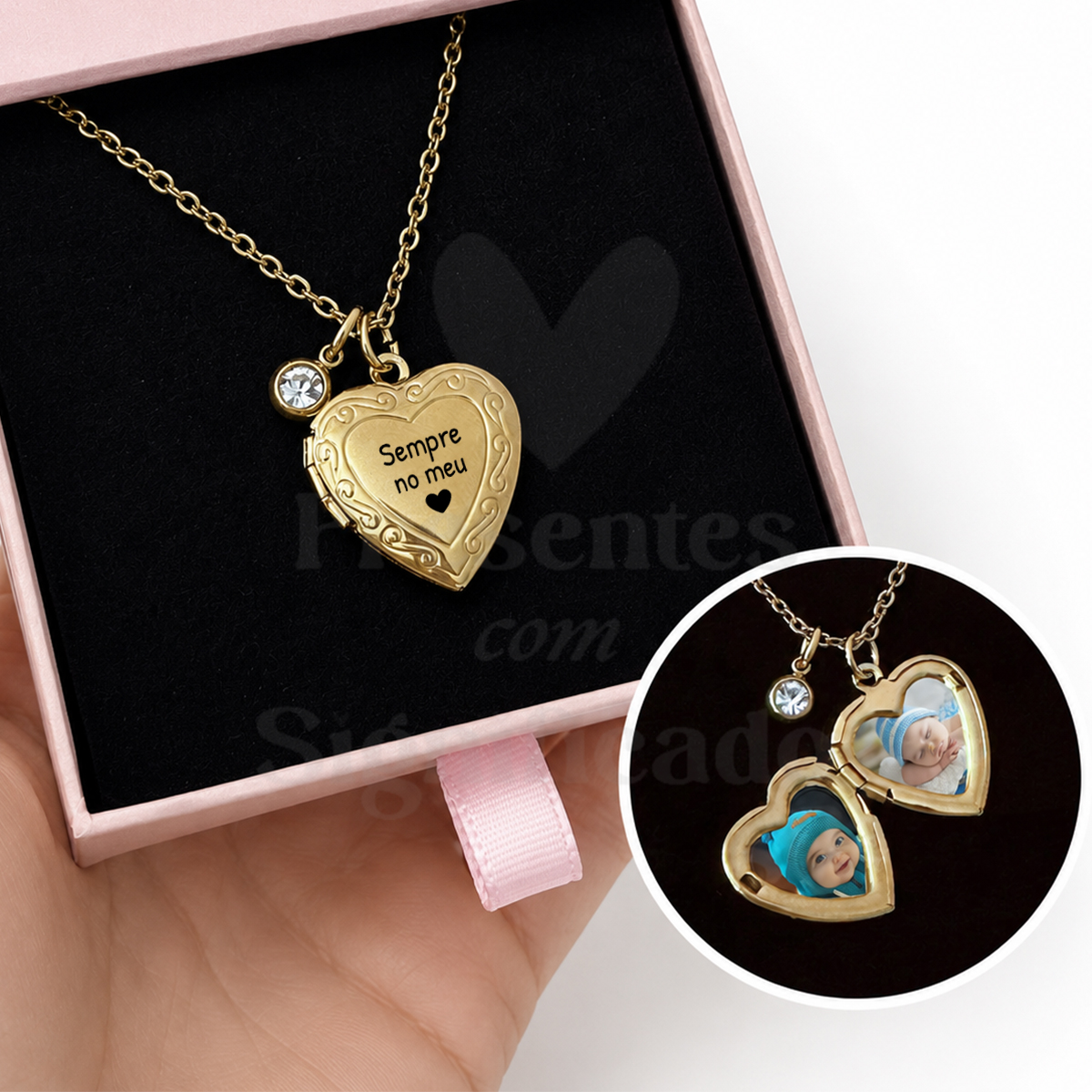 Colar aço inox. mini medalhão coração Colar dourado com pendente em forma de coração e estojo rosa