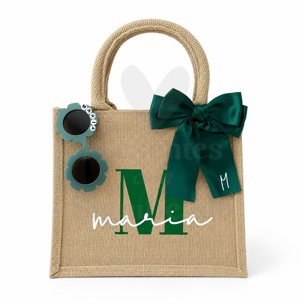 Kit Menina das alianças - Verde Mala de mão de lona bege com laço verde e óculos de sol verdes com letras