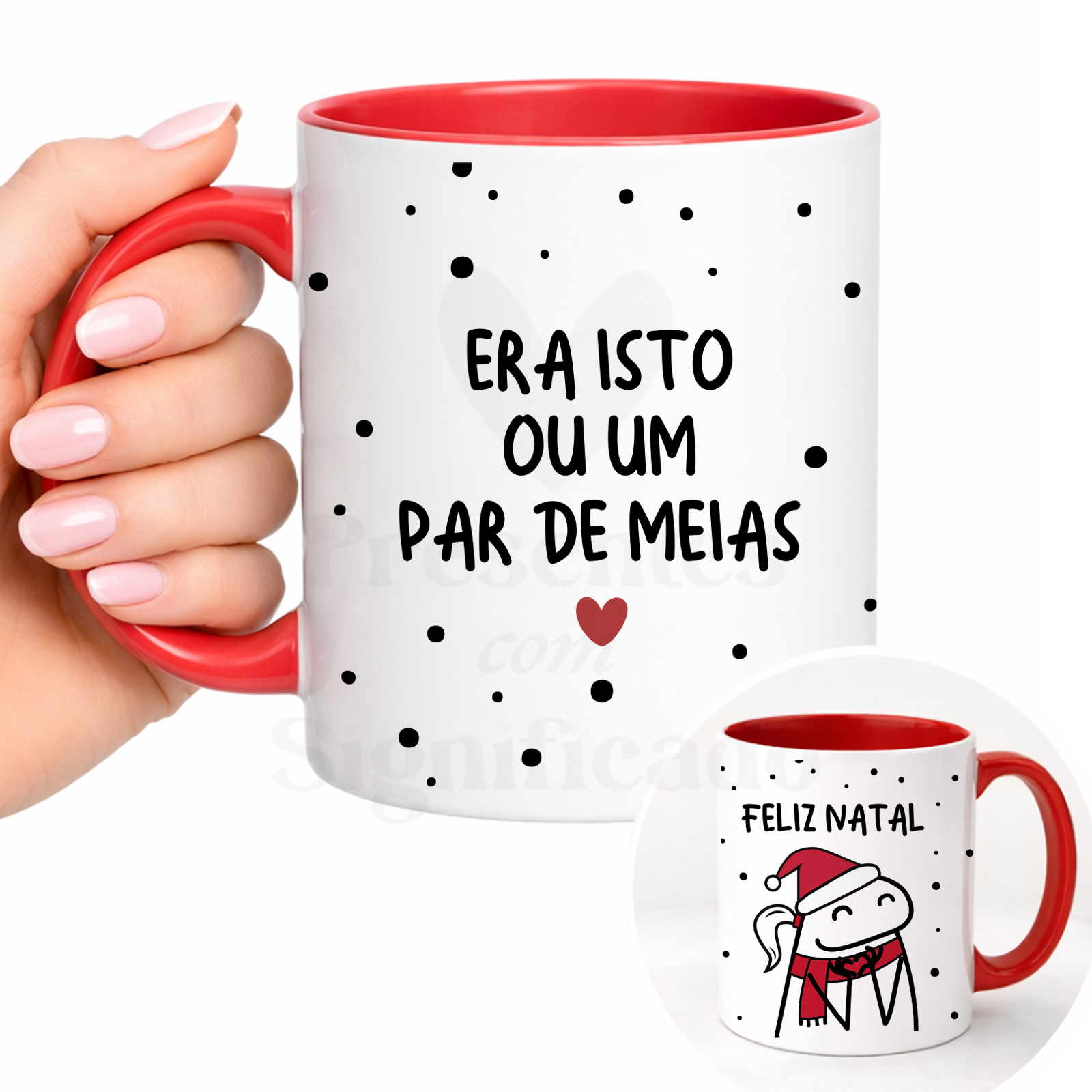 Caneca de Natal — Era Isto ou um Par de Meias Caneca branca com interior e pega vermelhos, texto e ilustração natalícia