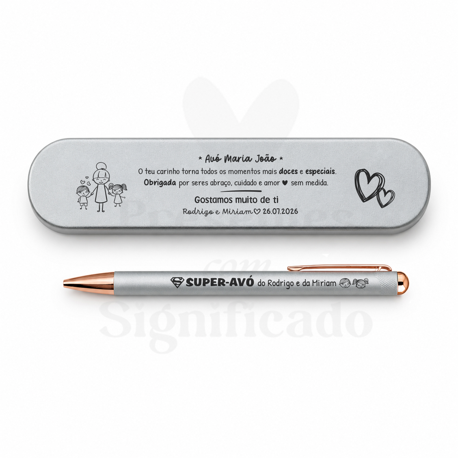 Estojo em latão c/ caneta (prateado) Estojo metálico cinzento com caneta prata personalizada para avó