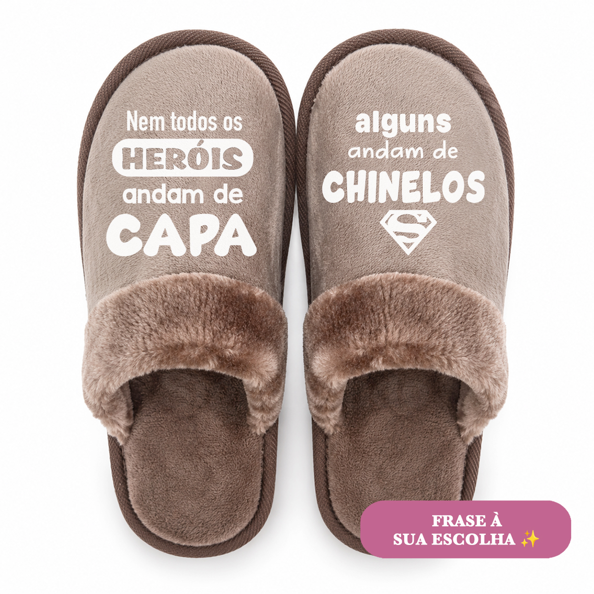Chinelos de homem taupe com barra (sola de borracha) Chinelos castanhos com frases de heróis e chinelos