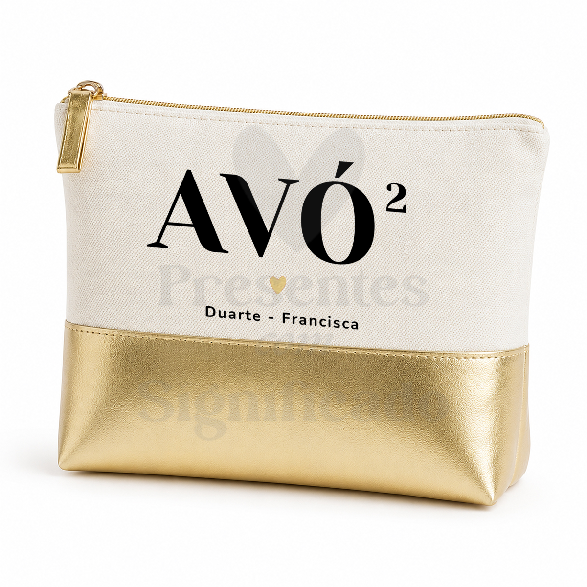 Necessaire algodão c/ base dourada Necessaire branca e dourada com texto AVÓ² e nomes Duarte - Francisca